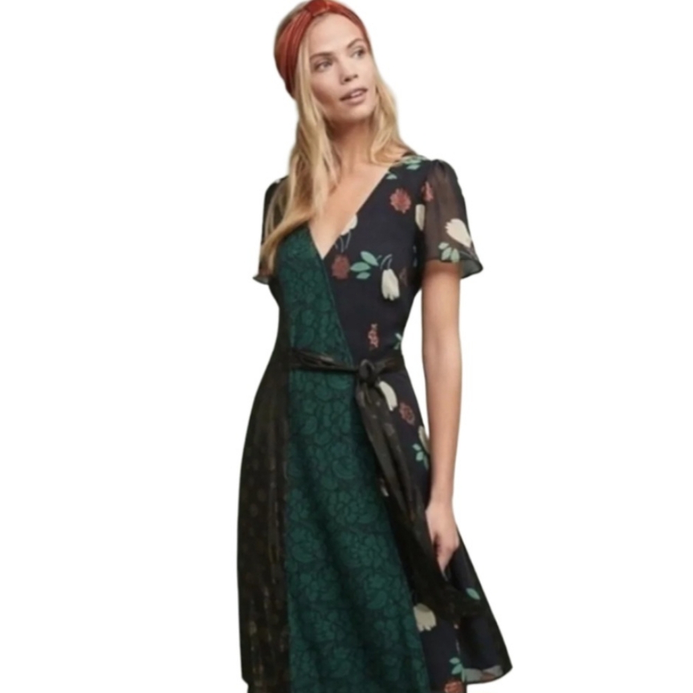 Athropologie Moulinette Soeurs Ciao Bella Midi Faux Wrap Dress Sz 12P Multiprint